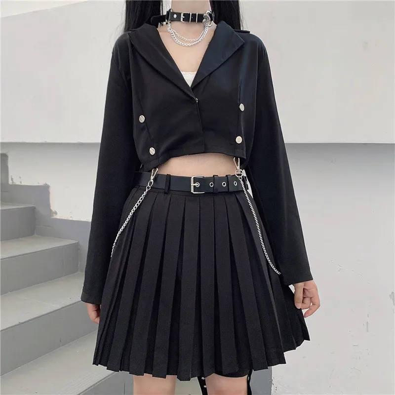 

Женский комплект из двух предметов, двубортный короткий топ и плиссированная юбка с поясом в Корейском стиле преппи, в английском стиле