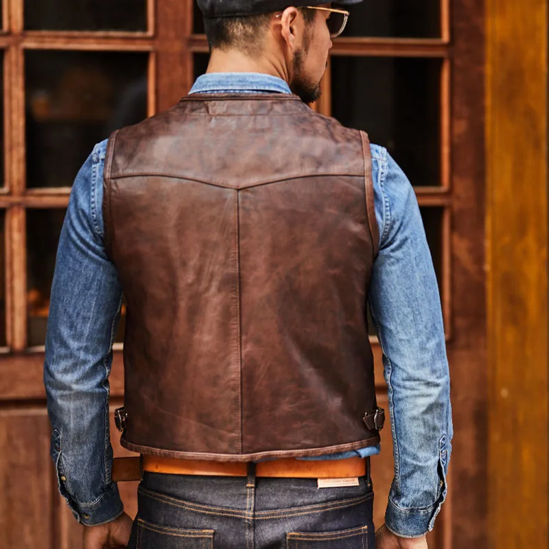 

2021 Vintage Brown Men Slim Fit Casual Leather Vest Single Breasted Plus Size XXXL Genuine Thin Sheepskin Spring Natural Coat