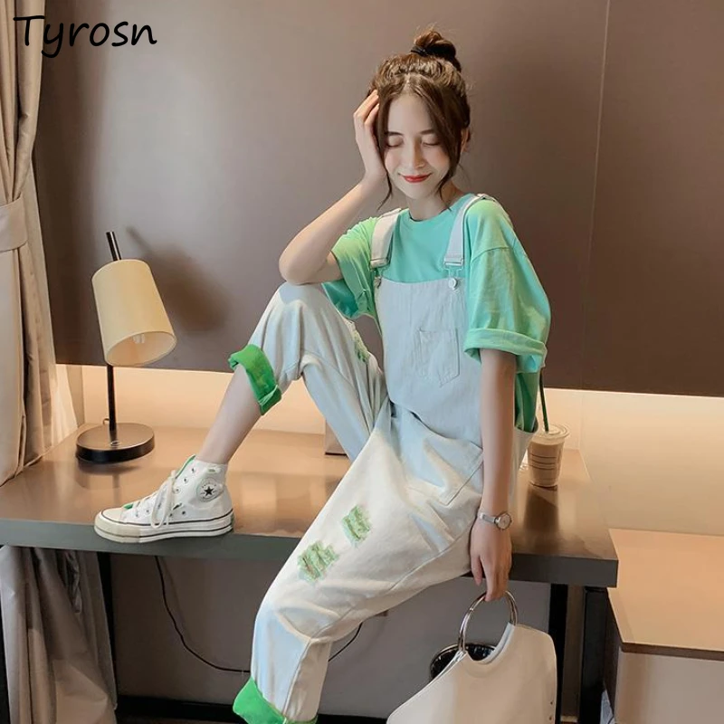 

Women Denim Jumpsuits Simple Kawaii Holes Designed Fashionable All-match Ulzzang Loose Leisure Teens Retro Sweet Overalls Daily