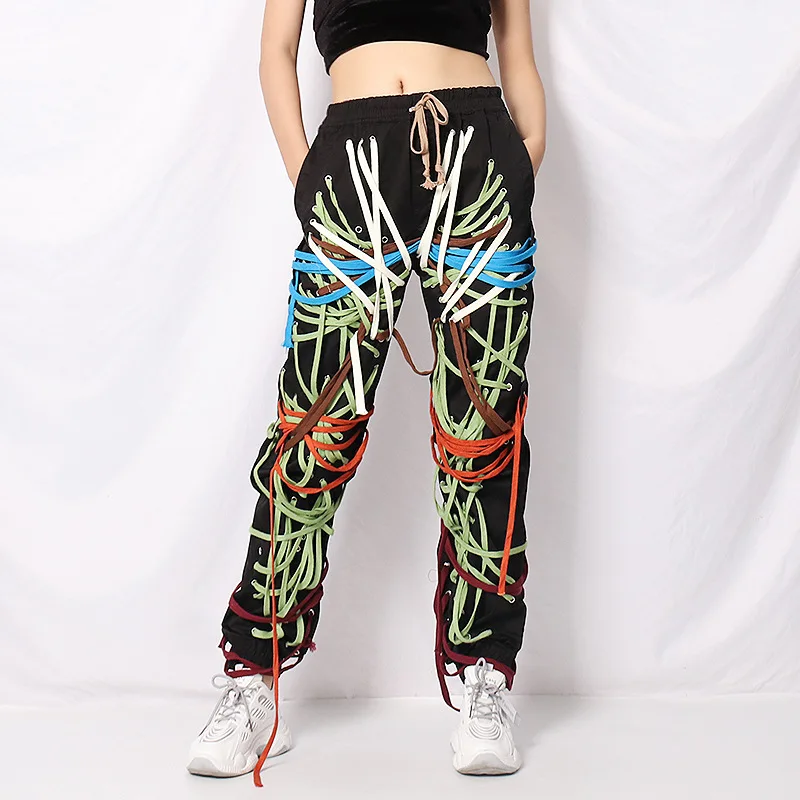 

Fashion Sweatpants Women High Waist Individuality Bandage Pockets Cargo Pants Solid Casual Street Trousers Femele Autumn 2020
