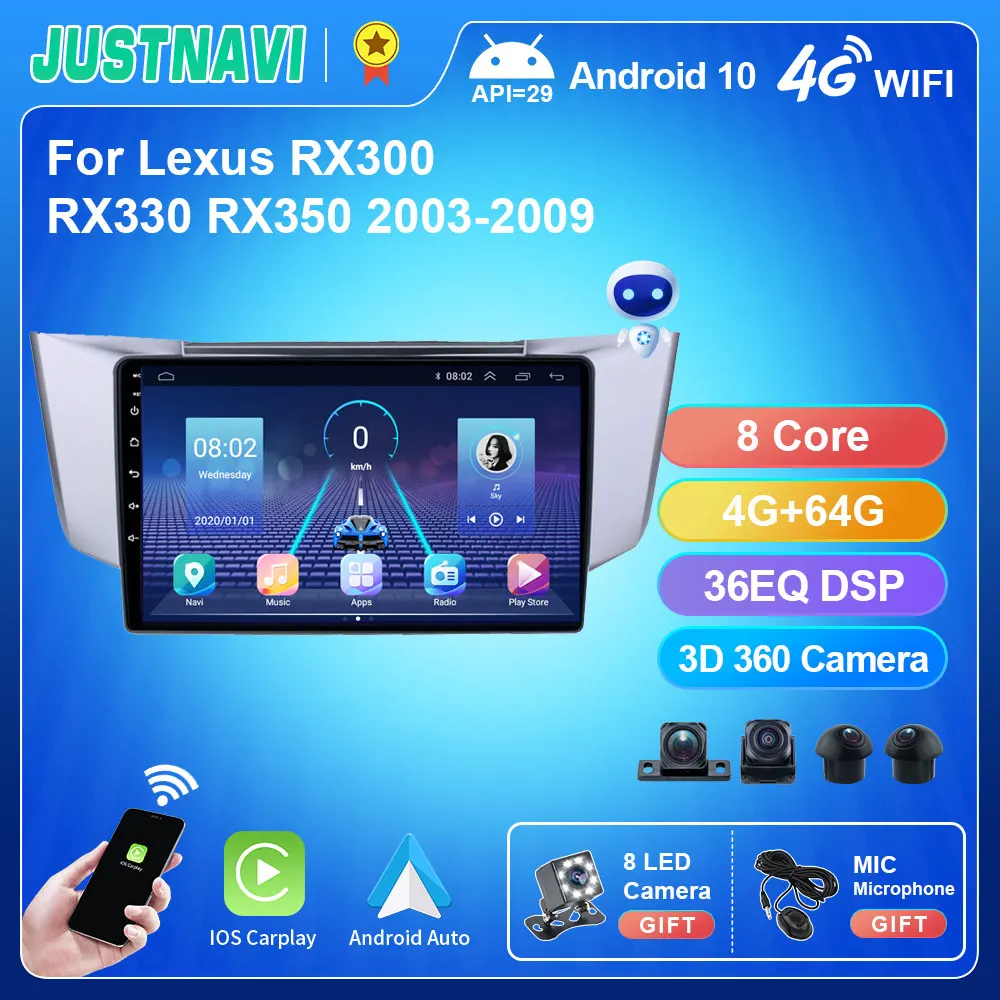 Rádio do carro android10 de justnavi ips para lexus rx300 rx330 rx350 2003-2014 auto estéreo vídeo player de navegação dsp 48eq carplay