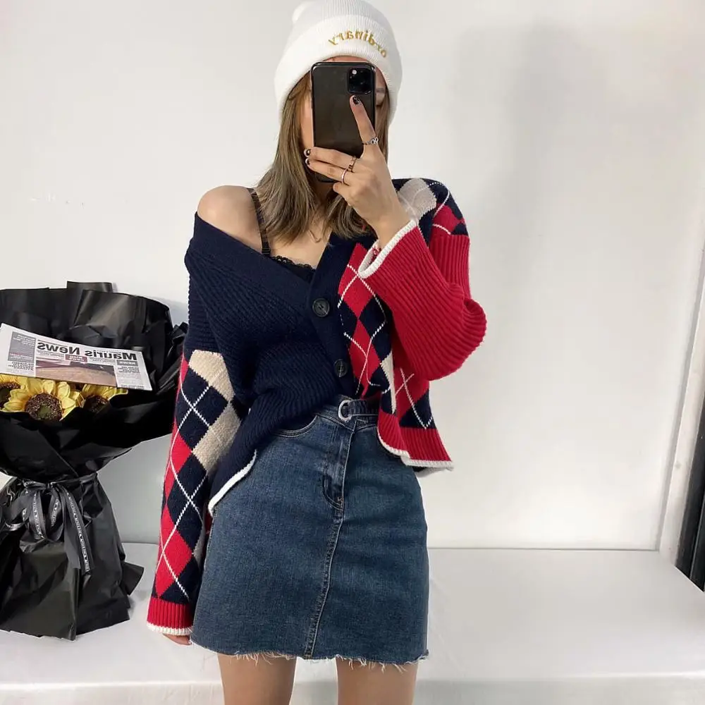 

2020 New Autumn Women Knitted Cardigan Patchwork V-Neck Long Sleeves Sweater Casual femme vetement ropa mujer