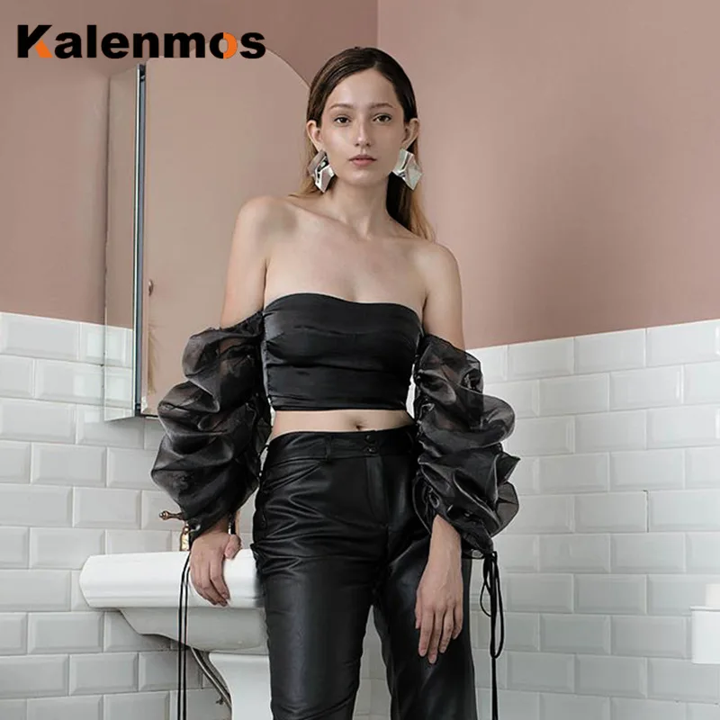 Женский укороченный топ с вырезом лодочкой и пышными рукавами без бретелек