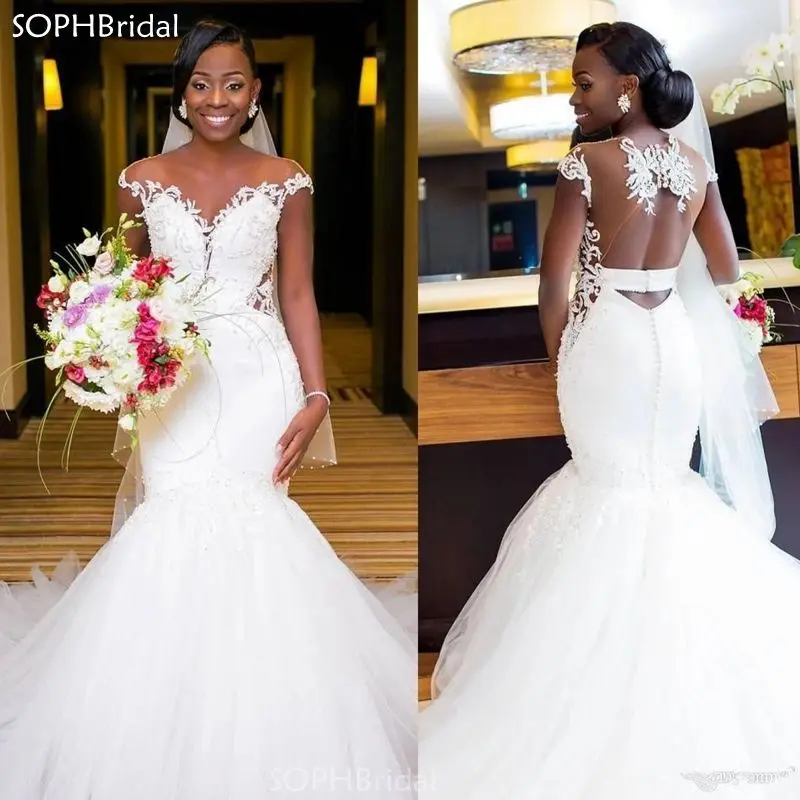 

African Mermaid Wedding Dresses 2021 Applique Lace Illusion Backless Bridal Dress Wedding Gown Vestido de Noiva