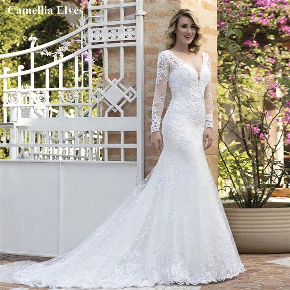 

African Lace Mermaid Wedding Dress Illusion Back Long Sleeves Bride Dress For Women 2022 Bridal Gown Button Vestidos De Novia