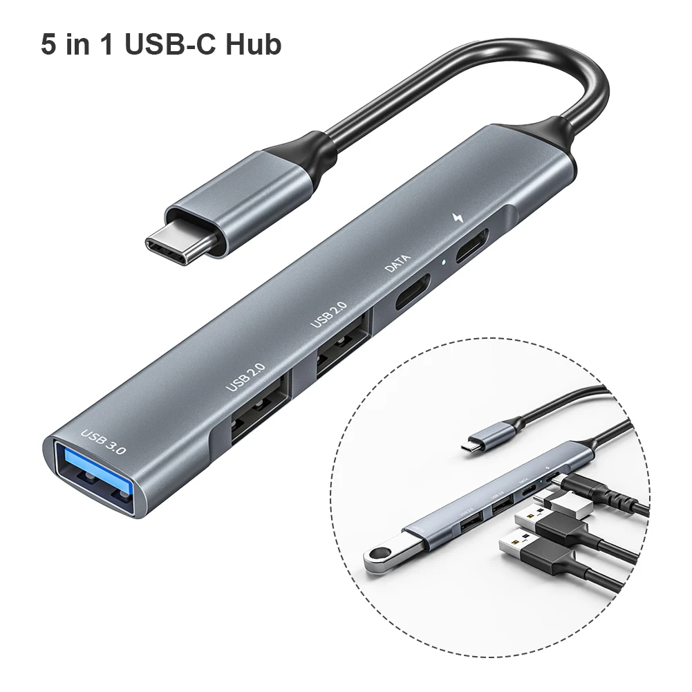 

5 In 1 PC Laptop Spliter USB C Hub Data Transfer Power Delivery Gigabit Ethernet Multiport Adapter Type-C Hub RJ45 LAN Adapter
