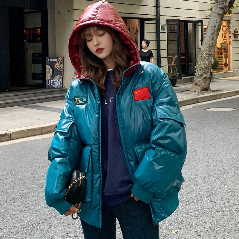

Unua amo Oversized Winter Puffer Jacket Female Fashion Glossy Hit Color Hooded Thick Warm Down-padded Parka Coat Women YY103A