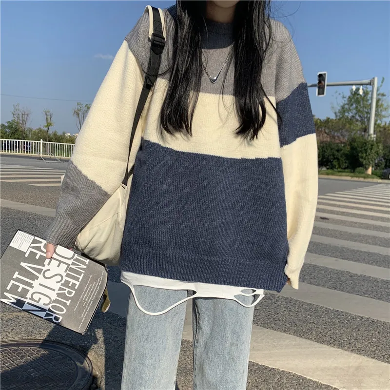 

2021 New Japanese Soft Milk Retro Contrast Sweater Coat Female Autumn And Winter Loose Lazy Wind Junior High School