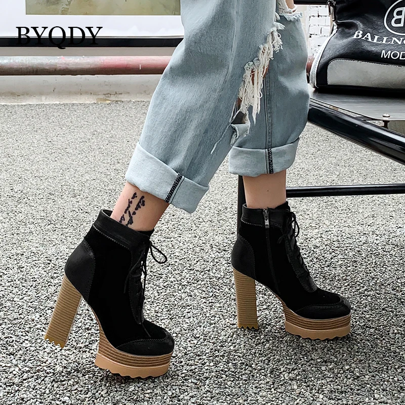 

BYQDY Plus Size 34-42 Women Ankle Boots Platform Zipper All Match Winter Boots Square High Heel Ladies Footwear Black Gray Khaki