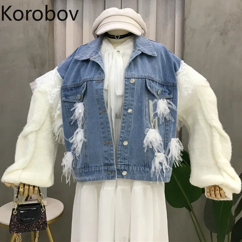 Korobov Осенние новые корейские женские джинсовые куртки вязаные Лоскутные