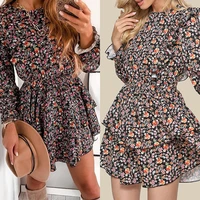 autumn new hot selling womens dress with broken flower fungus edge flying sleeve and long sleeve temperament dress