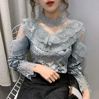 female golden velvet lace stitching bottoming shirt women autumn winter 2020 mesh tops hollow out loose blouse half high collar