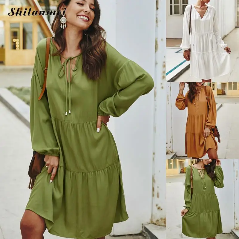 

Spring Summer Long Sleeve Casual Dress Women Large Size Solid Color Loose Dress Lace Up V-Neck Laides A-Line Dress vestidos