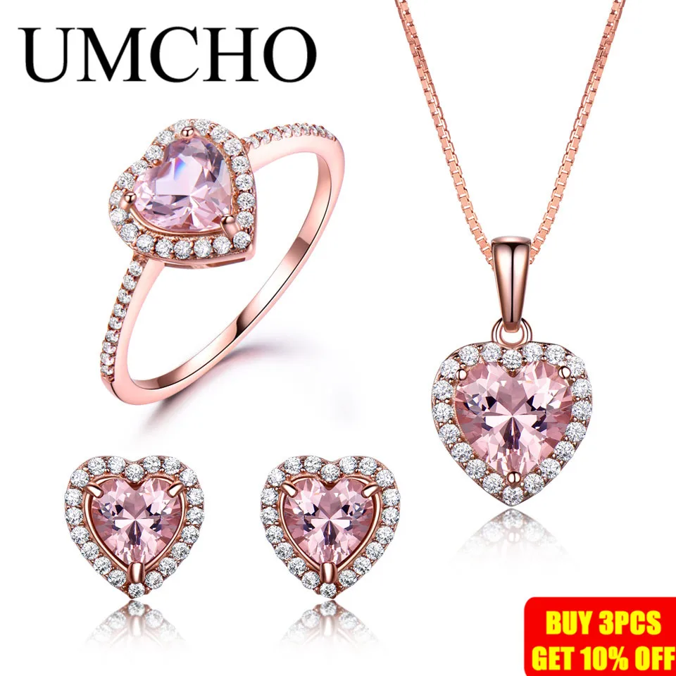 UMCHO 925 пробы Серебряный набор украшений для женщин романтическое сердце кулон из морганита серьги гвоздики вечерние ювелирные изделия на День святого Валентина