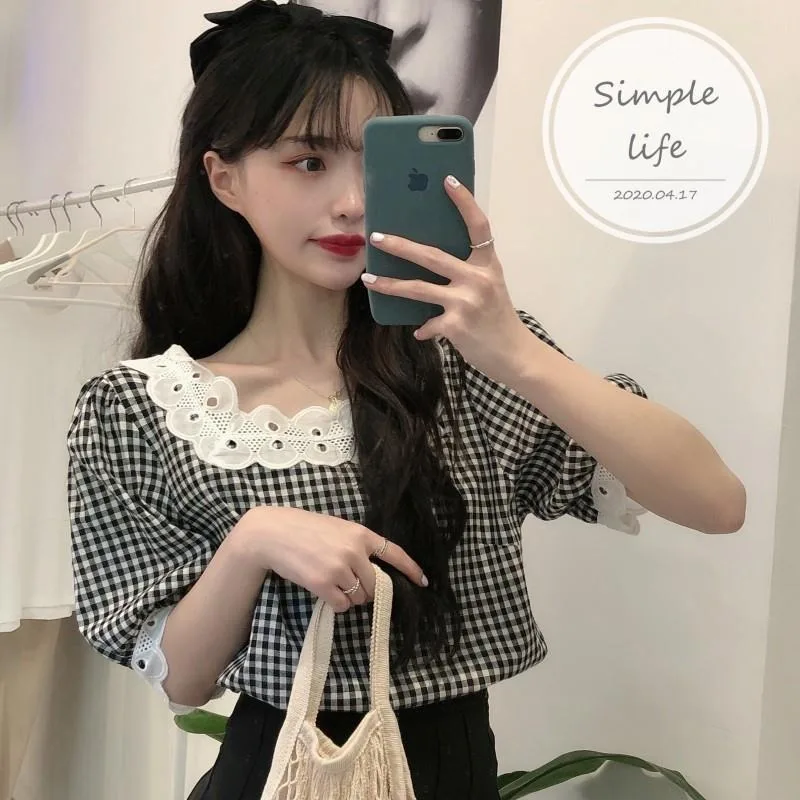 

Blouses Women Plaid Lace Fashion Sweet Preppy Student Simple Shirts Mujer De Moda Korean Style Hipster Summer High Street Female