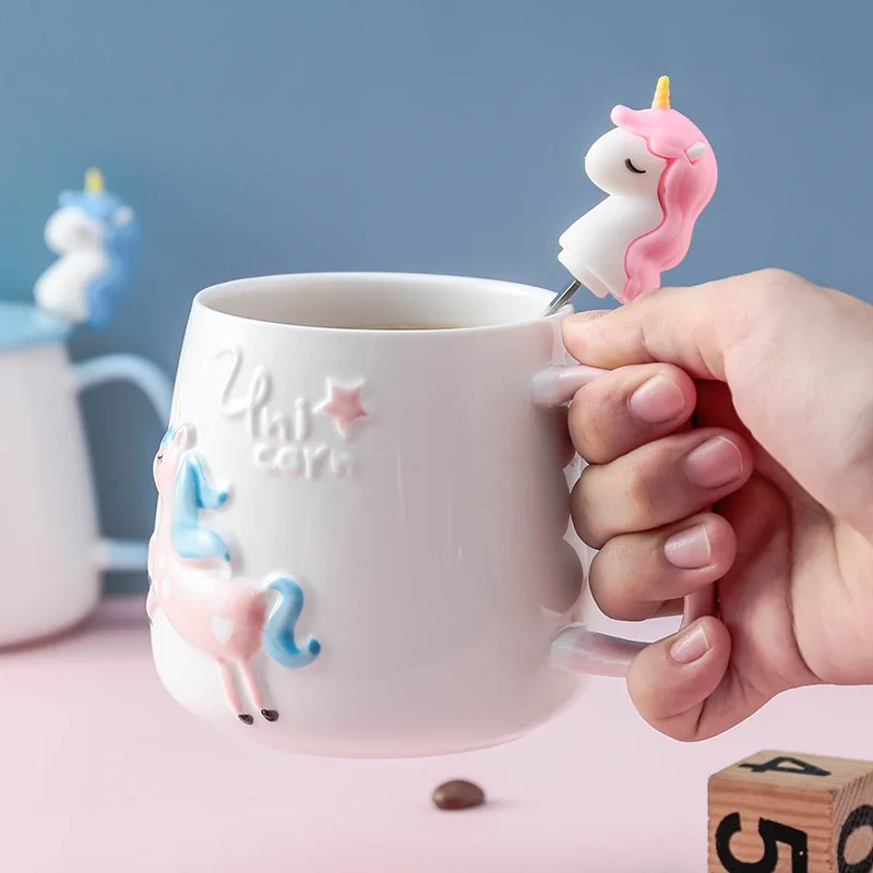 

Cute Unicorn Coffee Mug with Lid and Spoon for Breakfast Milk Tea Drinking Ceramic Tea Cup Gift for Girls Pink 350ml