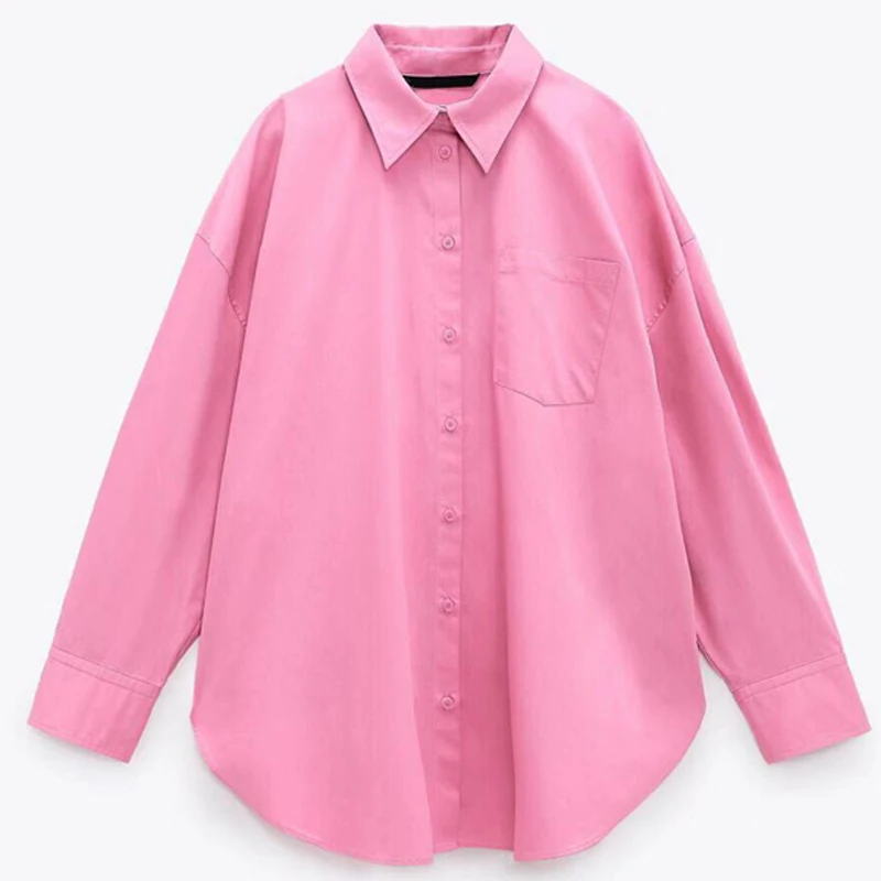 

Pop Summer Women's Casual Lapel Pocket Shirt Loose Pink Long-Sleeved Cardigan Thin Blouse Coat