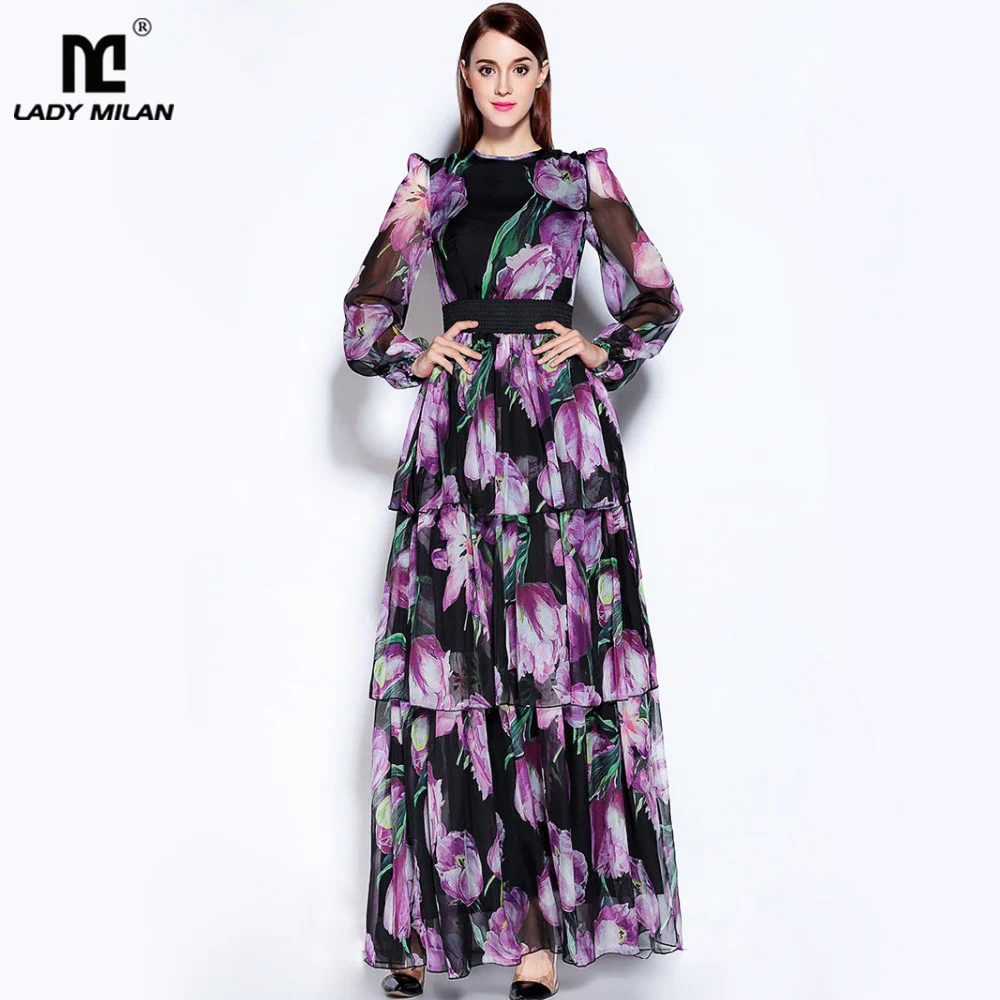 Женские модельные Платья-макси с круглым вырезом длинным рукавом и цветочным