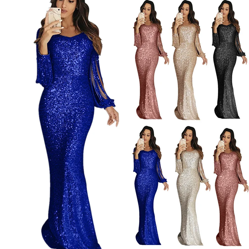 

Movokaka Long Dress 2021 Sequins Tassel Elegant Night Dress Women Plus Size Dresses Woman Party Long Sleeve Slim Women's Dress