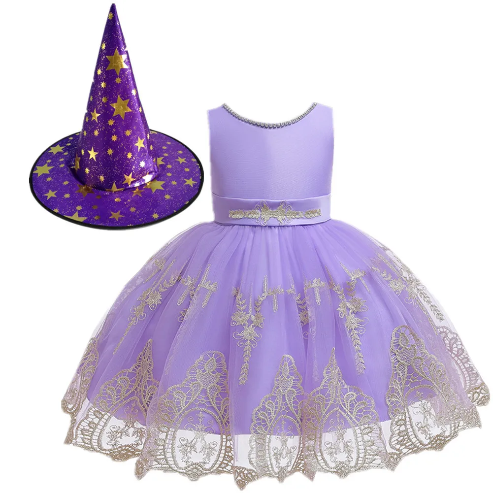 

2020Baby Girls Cosplay Dresses Embroidery Lace Round Neck Back Zipper Up Multi-Layer TuTu Princess Formal Dress with Hat Clothes