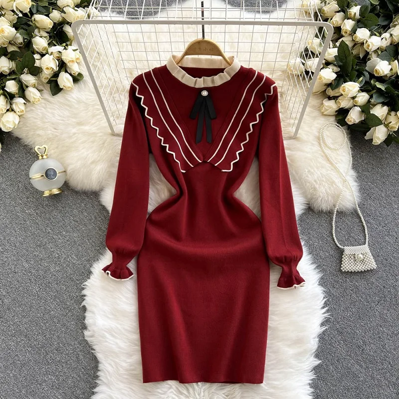 

Осень-зима 2021, новый стиль, ретро, вязаные платья, женское приталенное платье-миди с свитером, KK1599