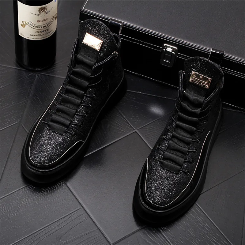 Murah Sepatu Pria Hip Hop Emas Sneakers Punk Sepatu Bot Pergelangan Kaki Atasan Tinggi Penambah Tinggi Flat Kasual Selebriti Web Zapatillas Hombre