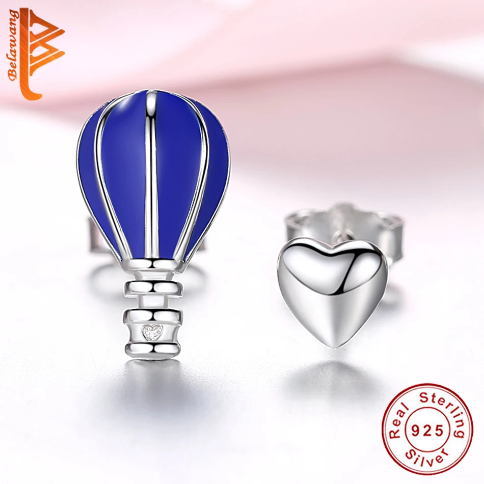 Romantic 925 Sterling Silver Blue Hot Air Balloon &amp Heart Stud Earrings for Women Girlfriend Party Valentines Day Jewelry Gift |