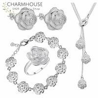 charmhouse pure silver jewellery sets for women rose flower bracelet earrings ring necklace 4pcs wedding jewelry accessories