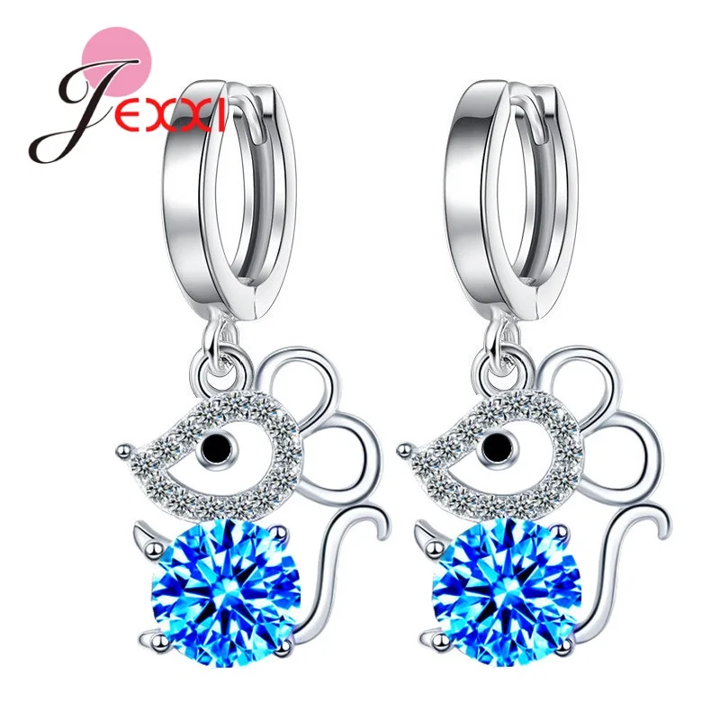 

3 Colors Option Sparkling Crystal Earrings Real 925 Sterling Silver Little Mouse Pattern Hoop Earrings For Women Luxury Jewelry