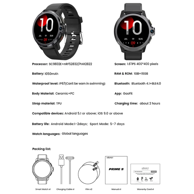 

11UB Compatible for Kospet Prime S Dual Chip Dual System Dual Camera 1050mah Battery 1.6 Inch IPS Screen Bluetooth Smartwatch