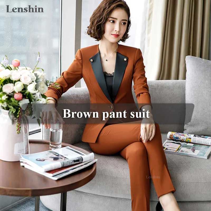 Brown pant suit Lenshin, новинка, модные женские брючные костюмы, набор, деловые, формальные, с длинным рукавом, из кусков, блейзер и брюки, для офиса, для девушек, коричневая Рабочая форма - Цвет: Brown pant suit