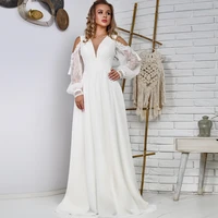 boho beach wedding gowns white for women lady robe long sleeves appliqued cold shoulder lacing corset v neck 2021 bridal dress