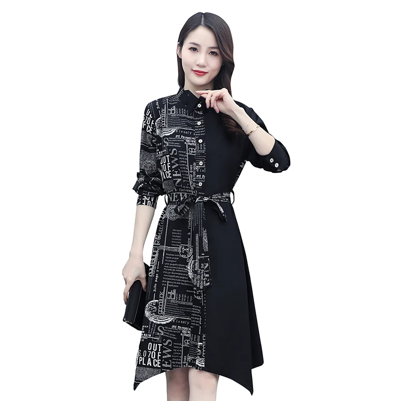 

Black Printed Women's Chiffon Dress Spring 2021 New Female Dress Oversize 4XL Belt Lrregular Retro Ladies Dresses Long Sleeve