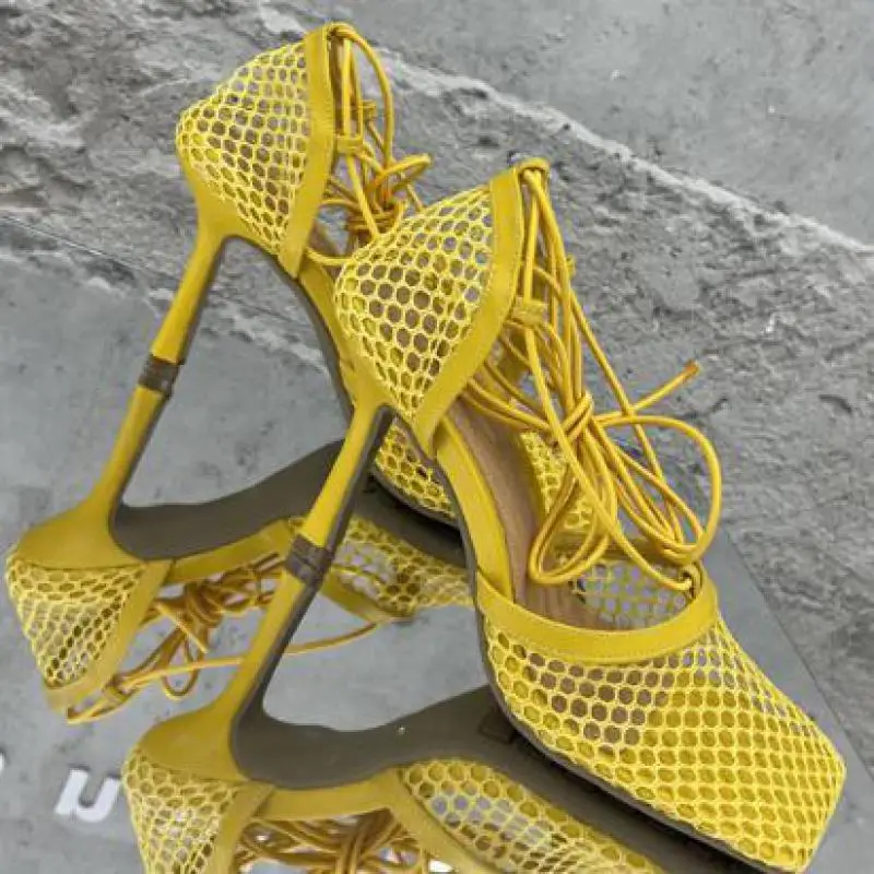 

2021 Women Pumps Thin High Heels Sexy Sandals Shoes For Woman Fashion Square Toe Mesh Ankle Strap Pumps Sandals Ladies Shoes