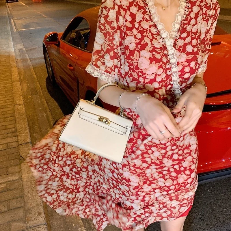 Женское длинное платье с рюшами красное платье-трапеция V-образным вырезом