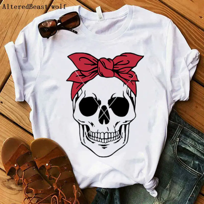 

2021 Summer Women Fashion Sugar Skull Bandana Mom T-shirt Print Funny Harajuku Mama Tshirt Gift 90s Lady Young Girl Clothes