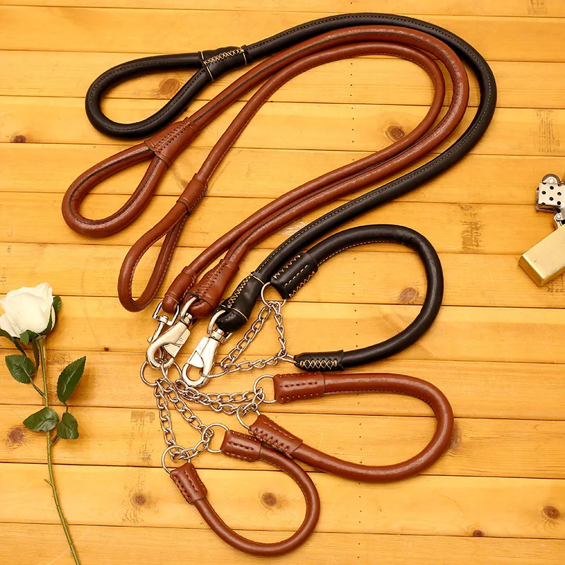 

PU Leather Dog Chain Dog Leash Slip Collar pet Walking Lead Genuine Leather Dog Traction Rope For small Medium Big Dogs