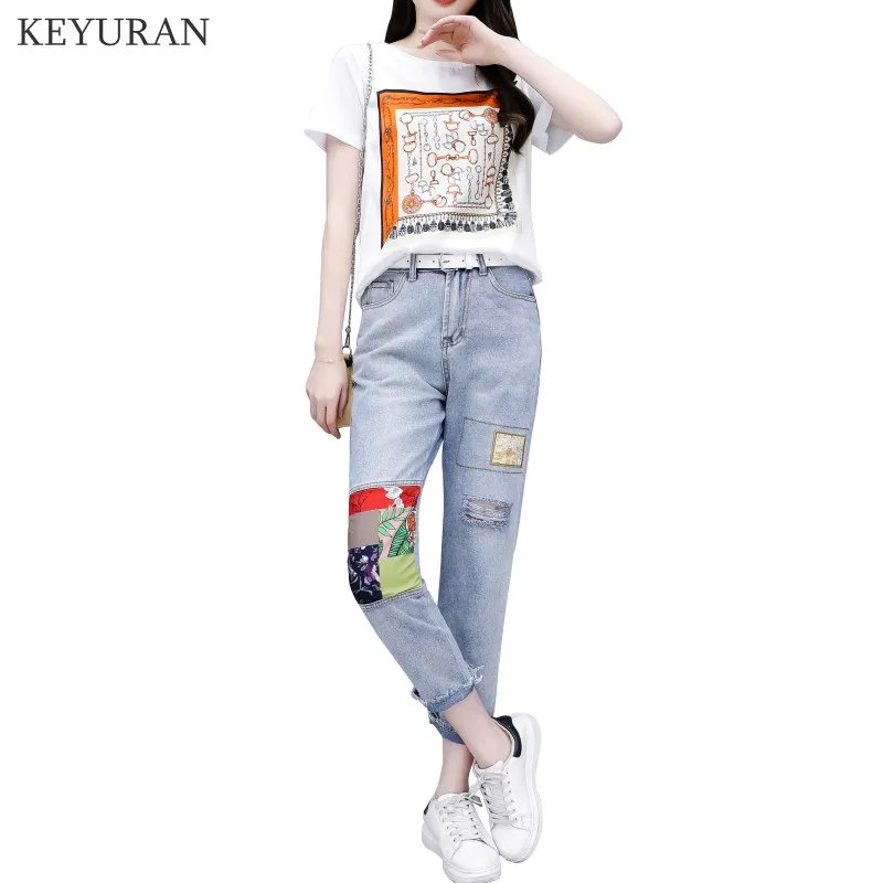 

Женский комплект из 2 предметов, хлопковая футболка с коротким рукавом с принтом и джинсы, повседневный костюм с дырками и джинсовые брюки, л...