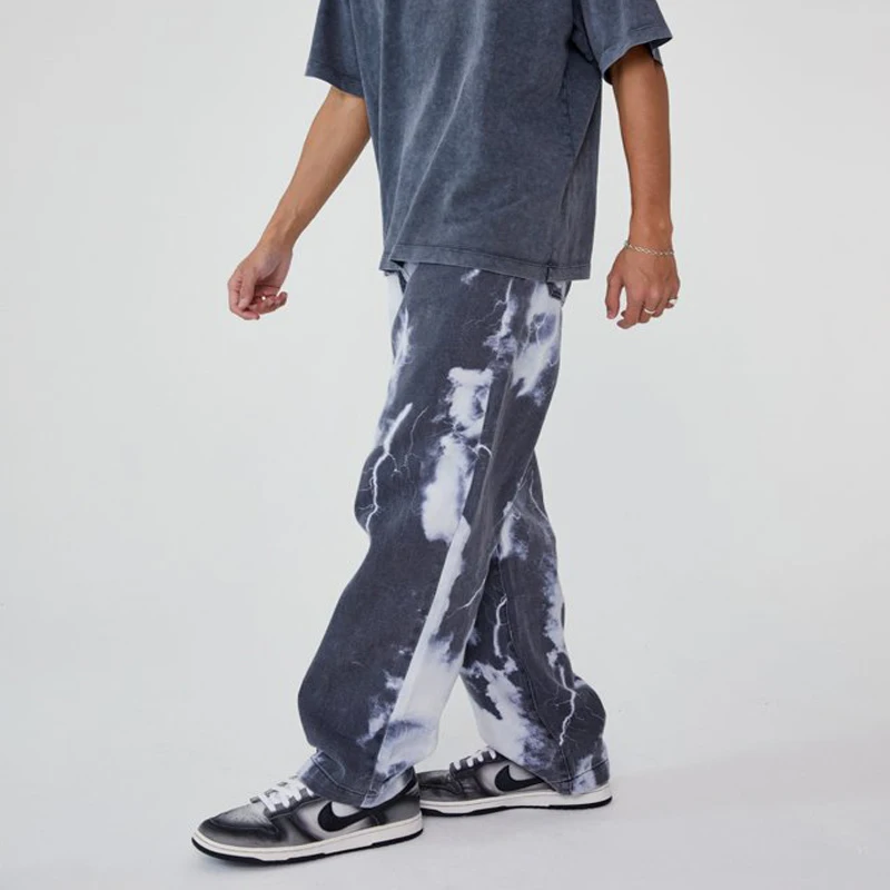 

Men Casual Loose Straight Denim Pants Tie Dye Lightning Print Grey Long Trouser Straight Jeans