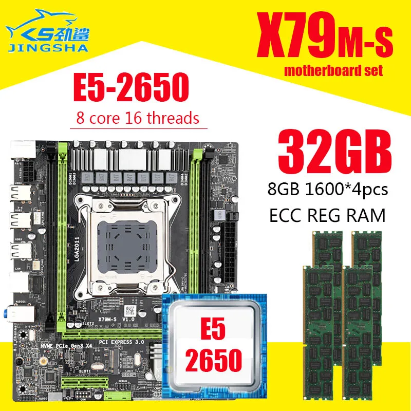 Bestellen JINGSHA X79 Chipsatz Motherboard LGA2011combos E5 2650 4 Stücke X 8GB = 32GB DDR3 1600Mhz ECC Speicher M-ATX M. 2 SSD Interface