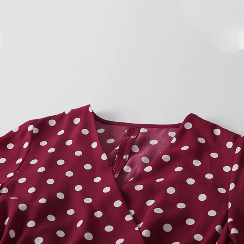 

Women Retro Polka Dot V-neck Collar High Waist Mini Dress Short Sleeve Chiffon Dresses French Style Elegant Vestidos