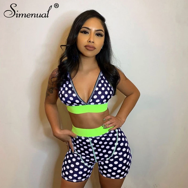 

Simenual Polka Dot Patchwork Overlock Matching Sets Sporty Athleisure Fitness Bra And Biker Shorts Two Piece Outfits Backless
