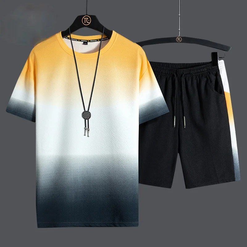 

Short Sleeve Tracksuit Men Fashion Harajuku Men's Sets T-Shirt+Shorts 2021 Summer New Casual Gradient Sports Suit Streetwear
