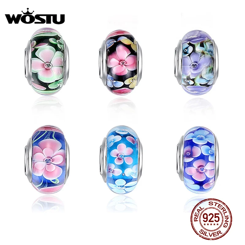 Hot Sale Colorful Flower Murano Glass Copper Beads Fit Bracelet Bangles Charms Original European DIY Jewelry Making Accessories