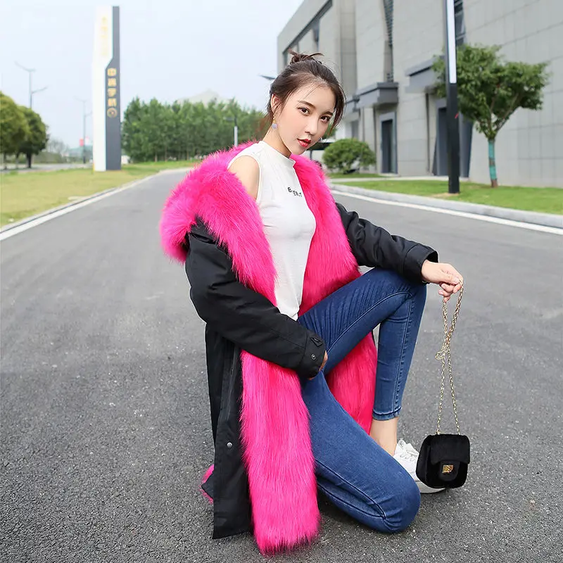

Women 2020 Winter Plus Size 4XL Jacket Female Thick Faux Fox Fur Liner Coat Fake Fur Collar Hooded Thick Warm Parkas Outwear A93