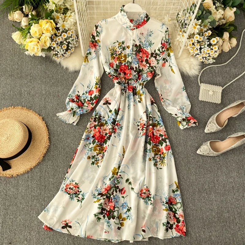 

2021Elegant Korean Clothing Black Floral Vintage Dress Women 2021 Femme Robe Spring And Summer Bow Waist Slim Chiffo