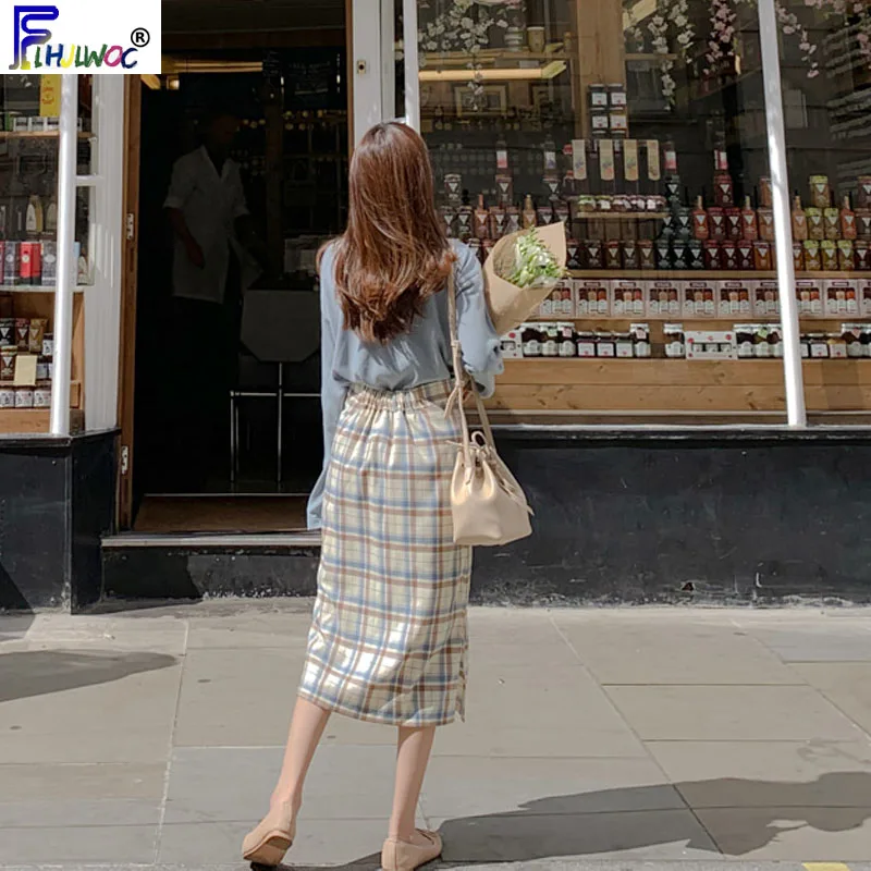 Юбка Женская Осенняя клетчатая с эластичной талией и завышенной 9501|Женские юбки|