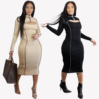 striped patchwork knitted rib long dress woman sexy zipper o neck cut out long sleeve bodycon midi calf dresses office lady wear