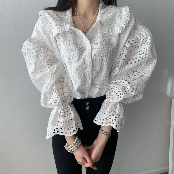 

Женская ажурная блузка с отложным воротником, элегантная белая блузка в Корейском стиле, весна 2021