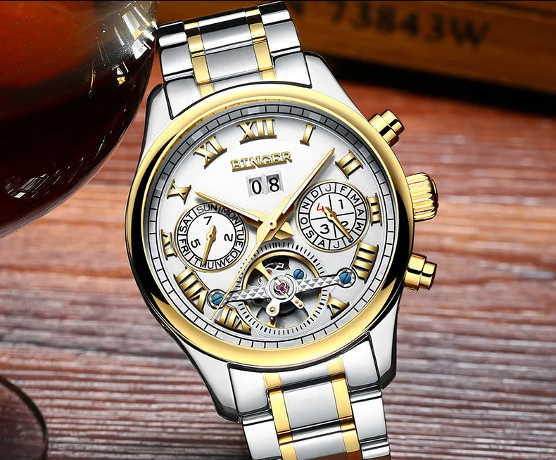 Швейцарские Бингер мужские часы люксовый бренд Tourbillon сапфир светящиеся несколько функций механические наручные часы B8602-7